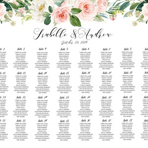 May include: A wedding seating chart with a floral design featuring pink and white flowers. The chart lists the names of guests assigned to each table. The text at the top reads "Isabelle & Andrew" and "July 20, 2019".
