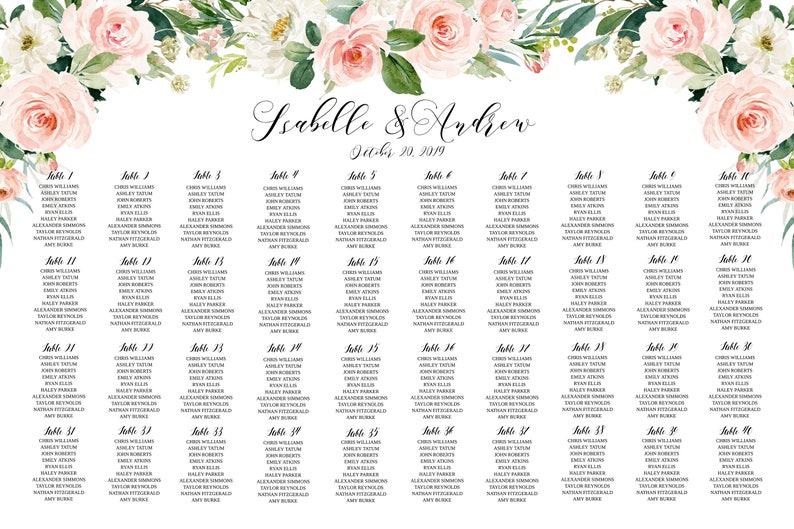 May include: A wedding seating chart with a floral design featuring pink and white flowers. The chart lists the names of guests assigned to each table. The text at the top reads "Isabelle & Andrew" and "July 20, 2019".