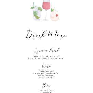 May include: A watercolor illustration of a drink menu with a signature drink, "Mint-to-be Mojito", rum, lime juice, soda mint. Wine options include Chardonnay, Cabernet Sauvignon, Pinot Grigio, and Champagne. Beer options include Coors Light, Corona, Michelob Ultra, and Shiner Bock.
