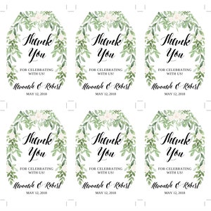 May include: Six white gift tags with a floral design. Each tag has the words "Thank You" in elegant script, with the names "Hannah & Robert" and the date "May 12, 2018" below. The tags are surrounded by a green and white floral border.