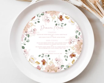 Wildflower Round Dinner Menu Template, 8" Round Wedding Menu, Printable Pink Round Menu, Floral Dinner Menu, DIY Round Menu, Download, Elle