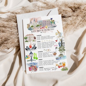 May include: A watercolor illustration of a New Orleans itinerary for a bachelorette party. The illustration features a map of the city with various landmarks and activities, including a jazz club, a streetcar, a cemetery, and a restaurant. The text reads "Allie's 'Bach in the Big Easy! May 18-22".