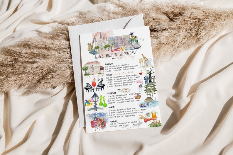May include: A watercolor illustration of a New Orleans itinerary for a bachelorette party. The illustration features a map of the city with various landmarks and activities, including a jazz club, a streetcar, a cemetery, and a restaurant. The text reads "Allie's 'Bach in the Big Easy! May 18-22".