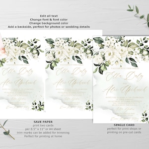 May include: Wedding invitation template with a watercolor floral design featuring white flowers and green leaves. The text reads "Together with their families Ella Daly and Alice Upchurch".