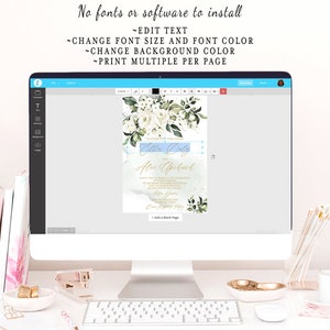 May include: A digital template for a wedding invitation with a watercolor floral design in shades of white, green, and blue. The text on the invitation reads "Together with your families" and "Ella & Oly" in gold lettering. The invitation also includes the text "Alice Upchurch" in gold lettering.