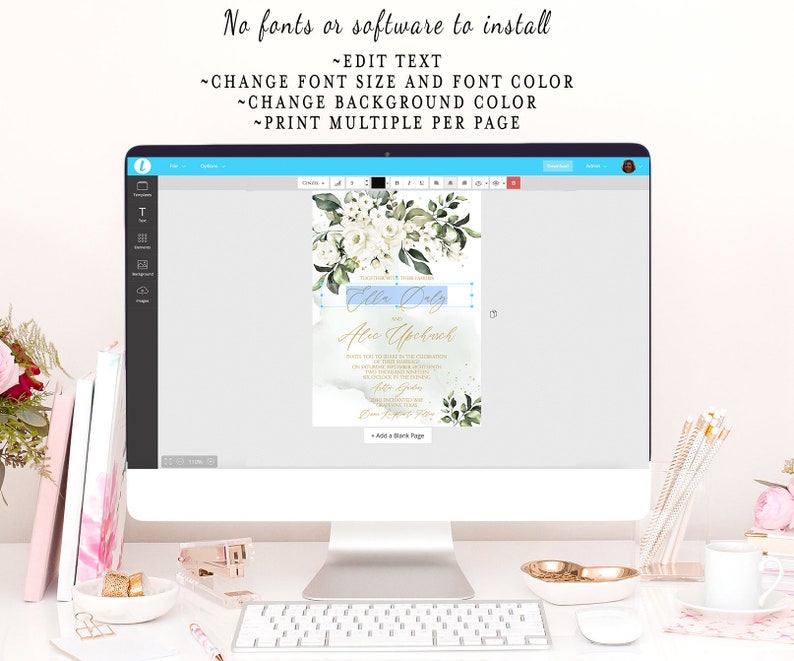 May include: A digital template for a wedding invitation with a watercolor floral design in shades of white, green, and blue. The text on the invitation reads "Together with your families" and "Ella & Oly" in gold lettering. The invitation also includes the text "Alice Upchurch" in gold lettering.