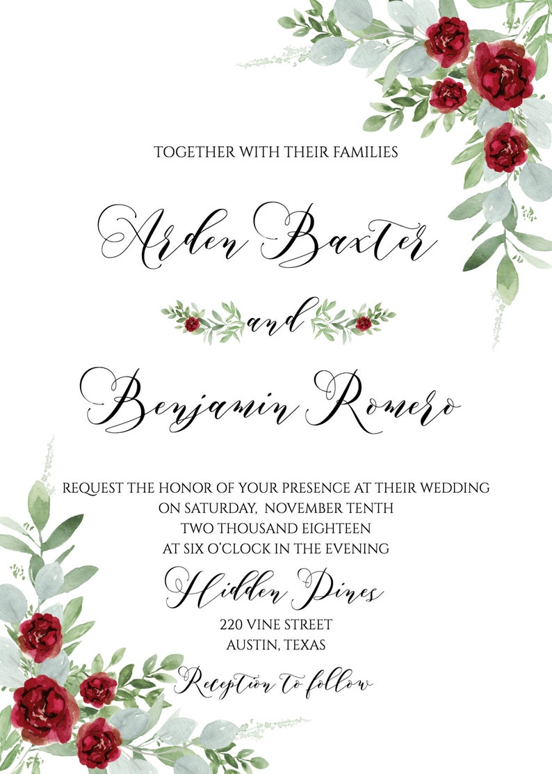 Printable Wedding Invitation Template Marsala and Greenery - Etsy