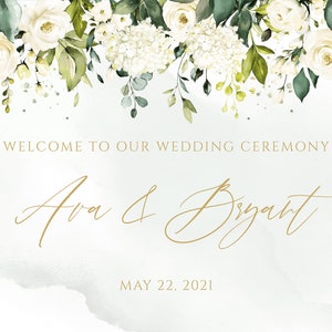 May include: A wedding ceremony announcement with white flowers and greenery. The text reads "Welcome to our wedding ceremony Ava & Bryant May 22, 2021".