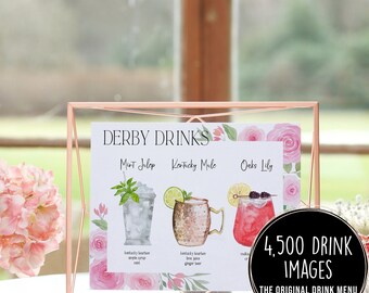 Kentucky Derby Drink Sign Template, Editable Derby Day Party Drink Menu, Mint Julep, Kentucky Mule, Oaks Lily Cocktails Sign, Pink Roses