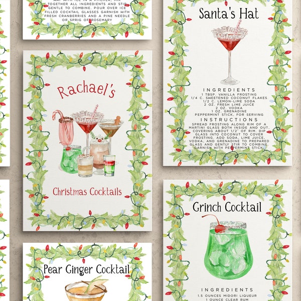 Christmas Cocktail Recipe Cards Template Bundle, 70 Pre-made Holiday Cocktail Recipe Cards, Christmas Gift Basket Card, Holiday Gift Idea