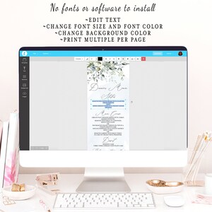 May include: A computer screen displaying a wedding menu template with a watercolor floral design. The menu includes the text "Dinner Menu" and "Appetizers", "Main Course", and "Dessert". The text on the screen says "No fonts or software to install" and lists features such as "Edit Text", "Change Font Size and Font Color", "Change Background Color", and "Print Multiple Per Page".
