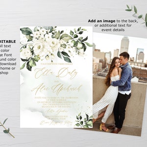 May include: A wedding invitation with a watercolor floral design in shades of green and white. The invitation features the names "Ella Daly" and "Alic Upchurch" in gold script font. The text reads "Together with their families, invite you to join in the celebration of their marriage on Saturday, September Eighteenth, Two Thousand Twenty-Three, Six o'clock in the evening, Enchanted Way, Grapevine, Texas."