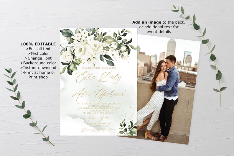 May include: A wedding invitation with a watercolor floral design in shades of green and white. The invitation features the names "Ella Daly" and "Alic Upchurch" in gold script font. The text reads "Together with their families, invite you to join in the celebration of their marriage on Saturday, September Eighteenth, Two Thousand Twenty-Three, Six o'clock in the evening, Enchanted Way, Grapevine, Texas."