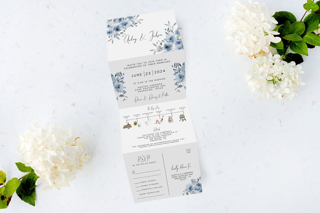 Dusty Blue Floral Printed Tri Fold Wedding Invitation, All-in-one