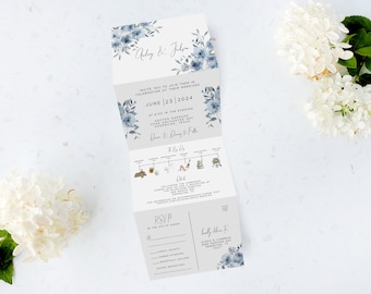 Dusty Blue Floral Printed Tri Fold Wedding Invitation, All-In-One Invitation, Folded Wedding Invitation, Concertina invite, Tear-off RSVP