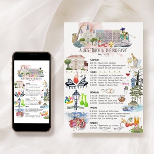 May include: A watercolor illustration of a bachelorette party itinerary in New Orleans, Louisiana. The itinerary includes activities like a jazz cruise, a ghost tour, and a pub crawl. The illustration is in a whimsical style with colorful accents and details.