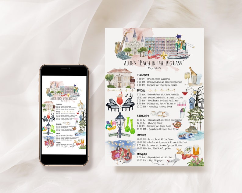 May include: A watercolor illustration of a bachelorette party itinerary in New Orleans, Louisiana. The itinerary includes activities like a jazz cruise, a ghost tour, and a pub crawl. The illustration is in a whimsical style with colorful accents and details.