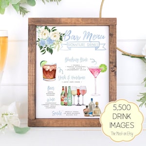 Menu de bebidas exclusivas, modelo de coquetéis exclusivos Dusty Blue, modelo de placa de menu de bar Blue Hydrangea, placa de bebidas exclusivas, mais de 7.000 bebidas
