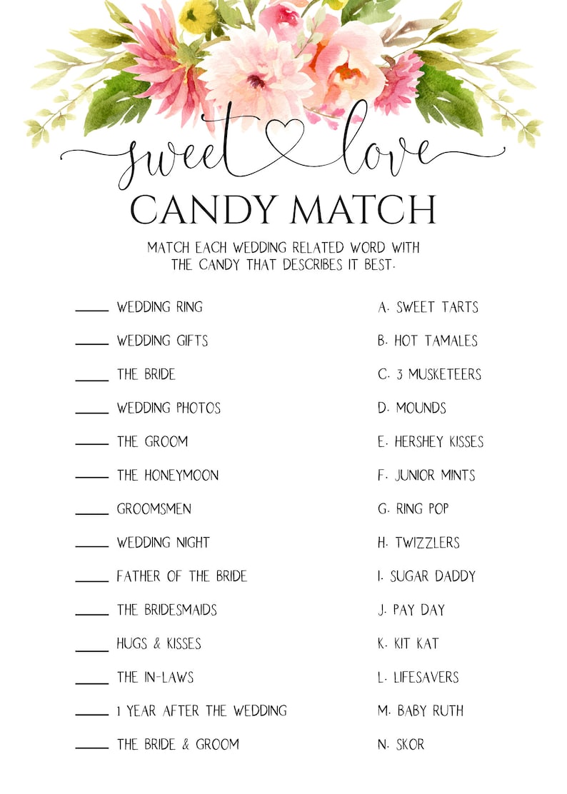 Candy Match Game Bridal Shower Template Printable Wedding - Etsy