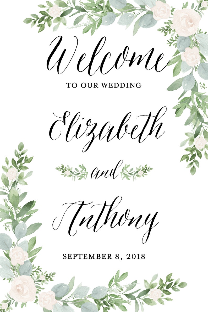 Peut inclure: Panneau de mariage blanc avec une calligraphie &eacute;l&eacute;gante indiquant &laquo;&nbsp;Bienvenue &agrave; notre mariage&nbsp;&raquo;. Les noms &laquo;&nbsp;Elizabeth et Anthony&nbsp;&raquo; sont indiqu&eacute;s, ainsi que la date du &laquo;&nbsp;8 septembre 2018&nbsp;&raquo;. Le panneau est orn&eacute; de motifs floraux et de verdure.