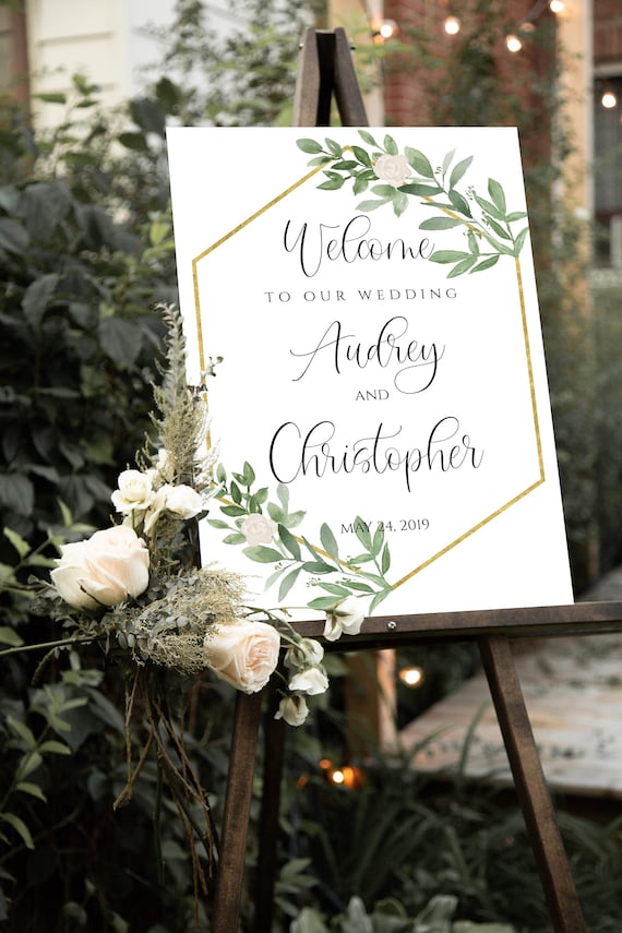 Welcome Wedding Sign Template, Printable Greenery Wedding Sign Editable, Geometric Gold Modern Welcome Sign, Foliage Wedding Sign Il_570xn