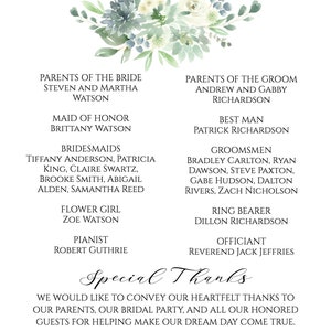May include: A wedding party announcement with a watercolor floral design. The announcement lists the names of the bride and groom's parents, maid of honor, bridesmaids, groomsmen, ring bearer, and officiant. The text at the bottom reads "Special Thanks" and "Sophia & Graham".