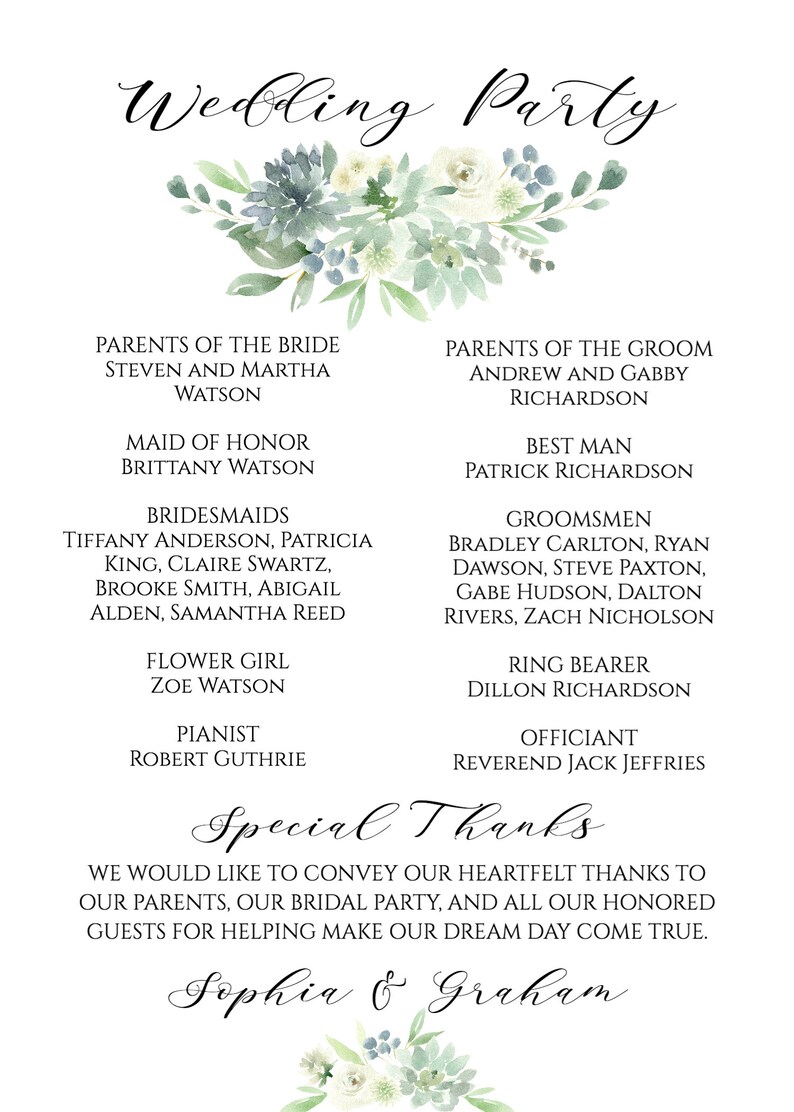 May include: A wedding party announcement with a watercolor floral design. The announcement lists the names of the bride and groom's parents, maid of honor, bridesmaids, groomsmen, ring bearer, and officiant. The text at the bottom reads "Special Thanks" and "Sophia & Graham".