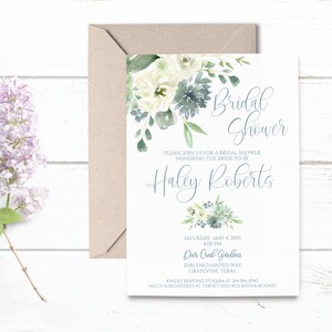 Succulent Printed Bridal Shower Invitation, Dusty Blue Floral Bridal Shower Invitation, Rustic Bridal Shower Invitation, Boho Bridal Shower image 3