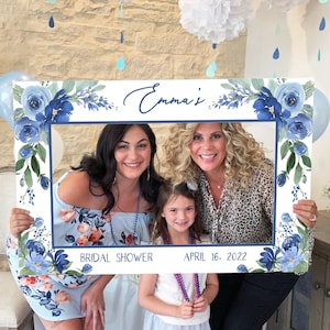 Photo Prop Frame Printable, Blue Floral Bridal Shower Photo Prop Frame Template, Boho Shower Decoration, DIY Horizontal Blue Shower Backdrop