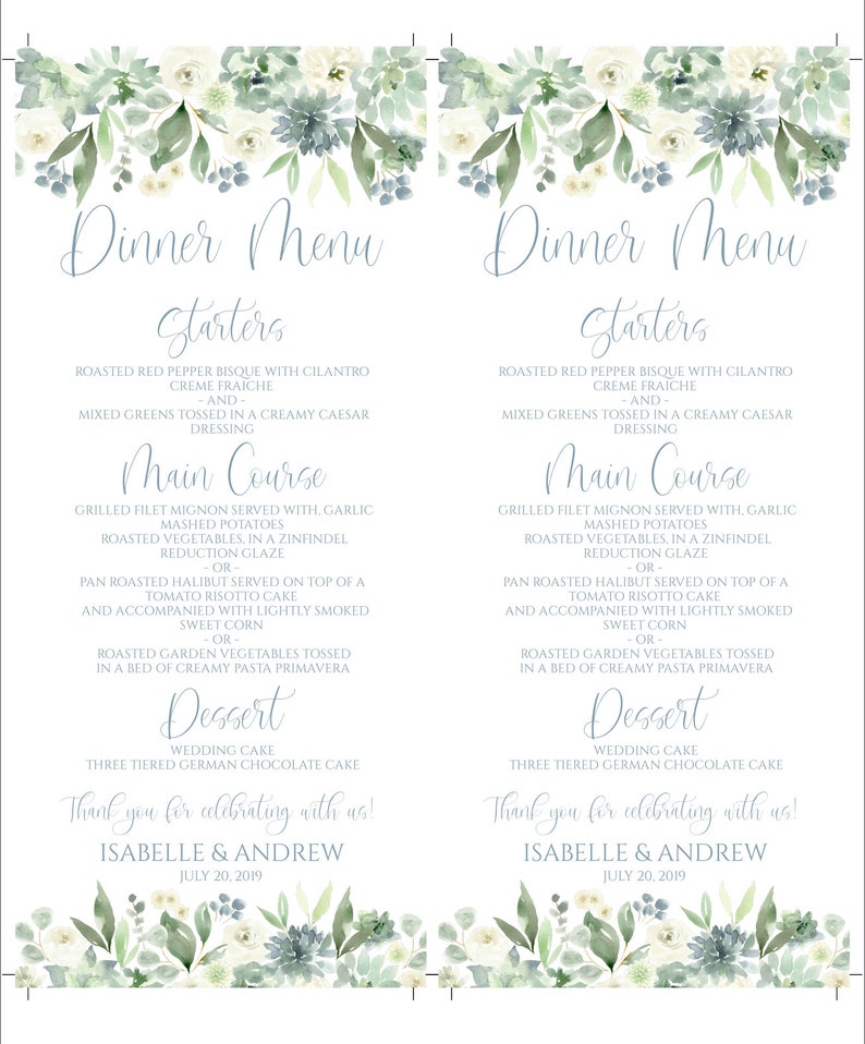 Może przedstawiać: Menu weselne z akwarelowym wzorem kwiatowym. Menu zawiera listę opcji przystawek, dań gł&oacute;wnych i deser&oacute;w. Tekst na dole brzmi: "Dziękujemy za świętowanie z nami! Isabelle & Andrew 20 lipca 2019."