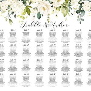 May include: White floral wedding seating chart with the names Isabelle and Andrew at the top. The chart lists tables 1 through 35 with guest names for each table.