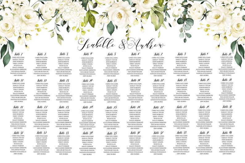 May include: White floral wedding seating chart with the names Isabelle and Andrew at the top. The chart lists tables 1 through 35 with guest names for each table.