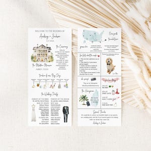 May include: A two-sided wedding program featuring the text Welcome to the Wedding of Audrey and Jackson, a watercolor illustration of a mansion, a timeline of events, a map of the United States, a dog illustration, and wedding party names.