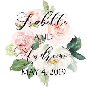 May include: Wedding invitation with a floral design featuring pink and white flowers. The text reads "Isabelle and Andrew May 4, 2019".