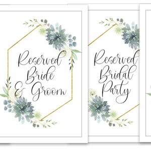 May include: Four printable wedding table signs with a gold geometric frame and watercolor floral design. The signs read "Reserved for Family", "Reserved Bride & Groom", "Reserved Bridal Party", and "Reserved".