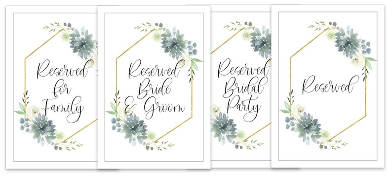 May include: Four printable wedding table signs with a gold geometric frame and watercolor floral design. The signs read "Reserved for Family", "Reserved Bride & Groom", "Reserved Bridal Party", and "Reserved".