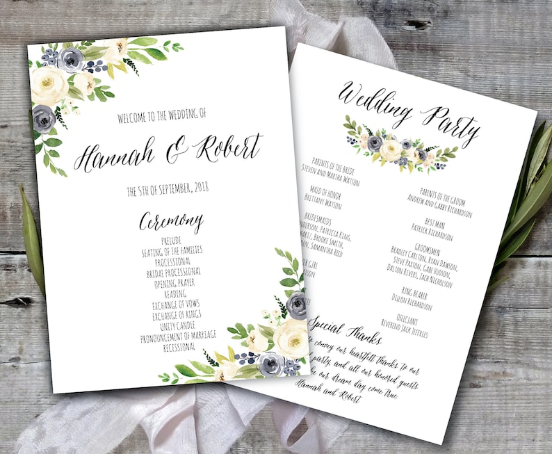 Wedding Program Template, Dusty Blue and Cream Program Printable, Wedding Program Printable, Botanical Wedding Program, Rustic Program image 1