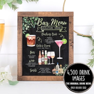 Signature Drinks Sign, Chalkboard Signature Cocktails Template, Greenery Eucalyptus Bar Menu Sign Template, Signature Drinks, 4,000 Drinks image 1