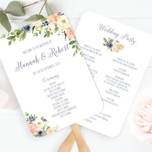 Wedding Program Fan Template, Dusty Blue, Peach, Cream Wedding Program Fan Printable, /Greenery Wedding Program, Succulent Wedding Program