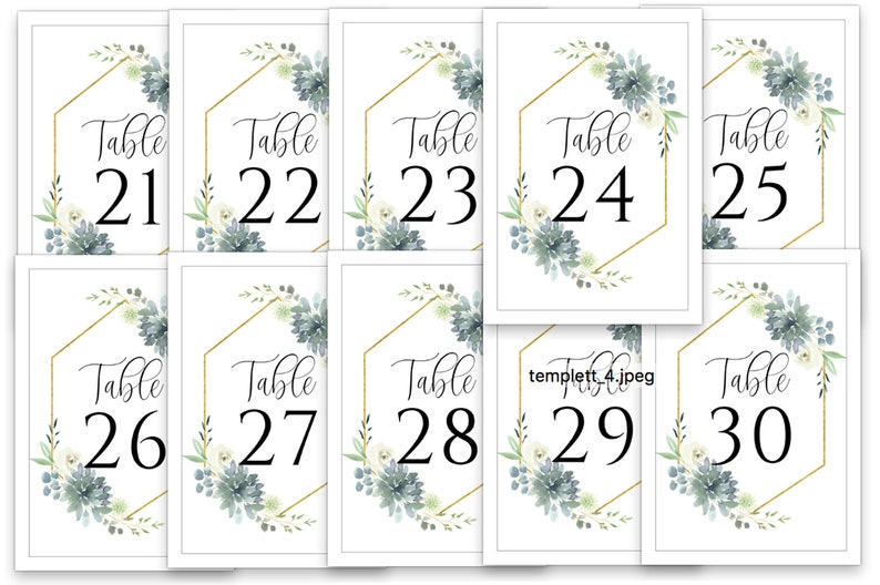 May include: Ten table number cards with a gold geometric frame and watercolor floral design. The numbers range from 21 to 30.