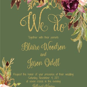 Wedding Invitation Template Printable / Editable DIY Floral Watercolor Wedding Green / Gold / Burgundy / Marsala / Wine / Blush Rustic image 4