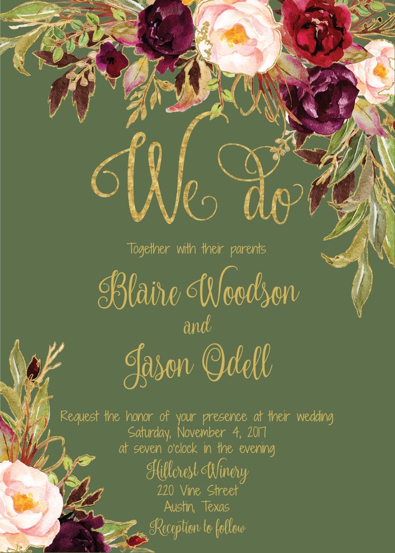 Wedding Invitation Template Printable / Editable DIY Floral Watercolor Wedding Green / Gold / Burgundy / Marsala / Wine / Blush Rustic image 4