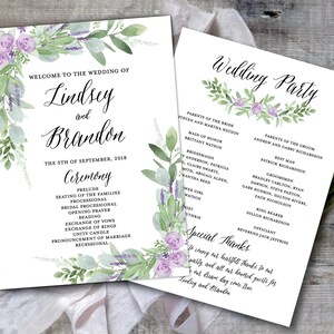Greenery Wedding Program Template: Purple Lavender (Printable)
