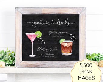 Pode incluir: Uma placa de ardósia emoldurada com o texto signature drinks, apresentando uma ilustração em aguarela de um cocktail rosa Blushing Bride com fatia de lima e um cocktail castanho Golden Groom com gomo de lima.