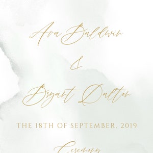 May include: A wedding invitation with a watercolor floral design in shades of green and white. The text reads "Welcome to the wedding of Ava Baldwin & Bryant Dalton The 18th of September, 2019 Ceremony Prelude Seating of the families Processional Bridal Processional Opening Prayer Reading Exchange of vows Exchange of rings Unity Candle Pronouncement of marriage Recessional"