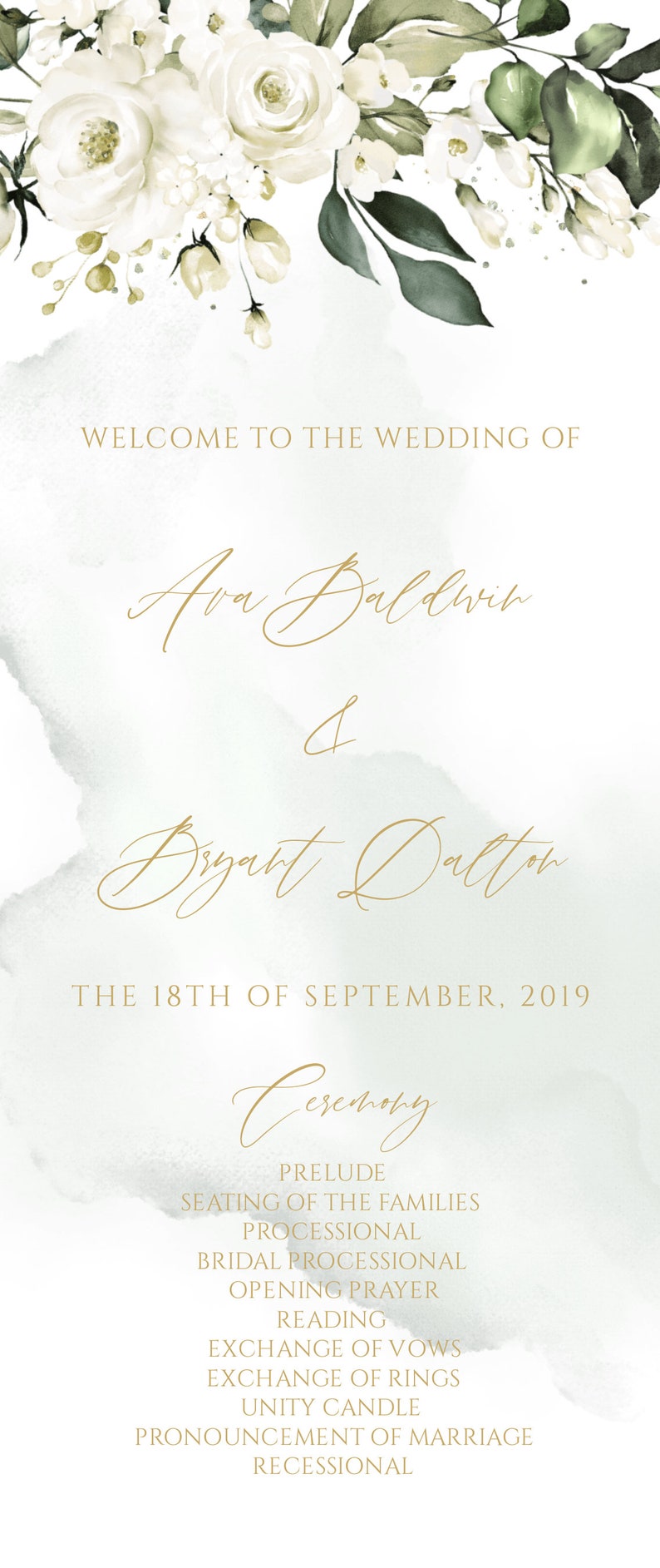 May include: A wedding invitation with a watercolor floral design in shades of green and white. The text reads "Welcome to the wedding of Ava Baldwin & Bryant Dalton The 18th of September, 2019 Ceremony Prelude Seating of the families Processional Bridal Processional Opening Prayer Reading Exchange of vows Exchange of rings Unity Candle Pronouncement of marriage Recessional"