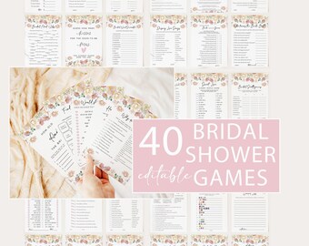 May include: A collection of 40 printable bridal shower game cards featuring a floral border design with pink and peach flowers. The cards include various activities like trivia, word scrambles, and matching games with black text on white paper.