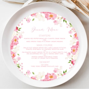 Plantilla de menú de cena redonda, menú de boda redondo de 8", menú redondo rosa brillante imprimible, menú de cena floral, menú redondo de bricolaje, descargar, Brynn