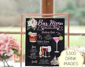 May include: A rectangular bar menu sign with a black chalkboard background, pink floral accents, and white text. The menu lists signature drinks, beer, wine, and spirits, featuring illustrations of cocktails and bottles, displayed in a rose gold geometric frame.