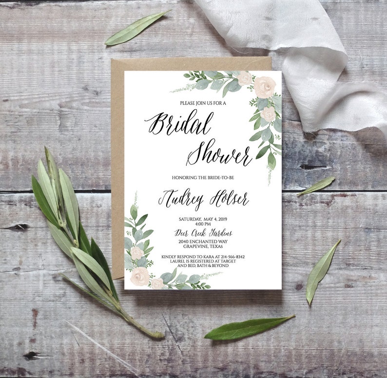 Printed Bridal Shower Invitation Garden Bridal Shower Rustic Bridal Shower Invitation Greenery and Cream Floral Bridal Shower Invitation